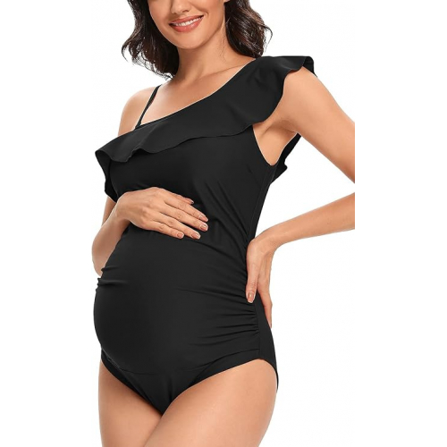 Стильный слитный купальник Tempotrek для беременных с одним плечом, рюшами и асимметричным кроем — комфорт и элегантность для будущих мам.