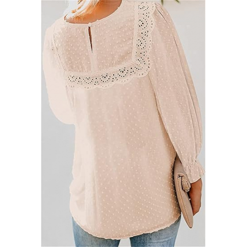 Женская блузка с длинным рукавом и швейцарским горошком, с кружевной отделкой и помпонами