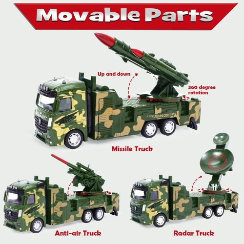 Набор из 3 металлических военных машин: пусковая установка, радиолокационная машина и зенитная установка, инерционные, с подвижными частями, для мальчиков от 3 лет
