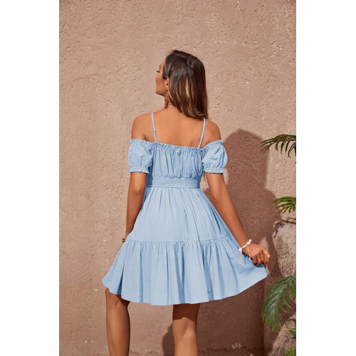 Летнее платье с открытыми плечами из хлопка и льна с воланами и съемными бретелями