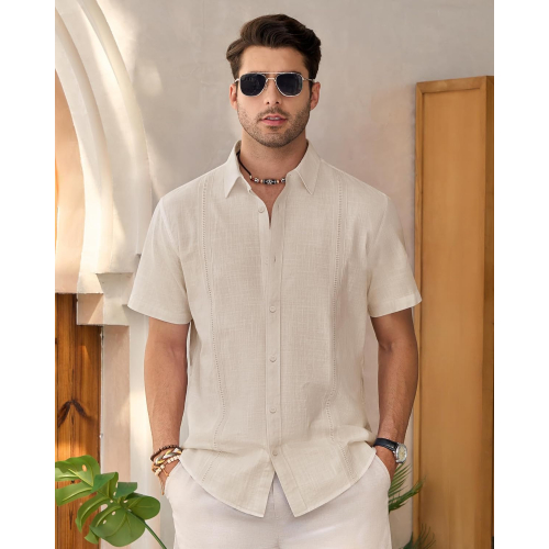 Мужская льняная рубашка с коротким рукавом, casual, на пуговицах, легкая летняя пляжная однотонная рубашка