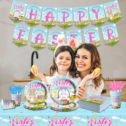 Комплект праздничной посуды для Пасхи с изображением зайцев и яиц