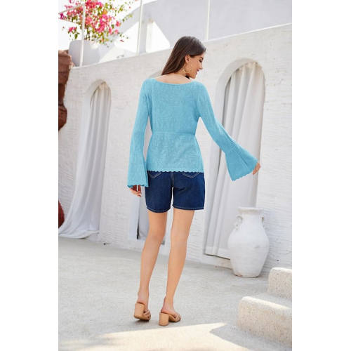 Женский вязаный джемпер с ажурной текстурой и рукавами-клеш