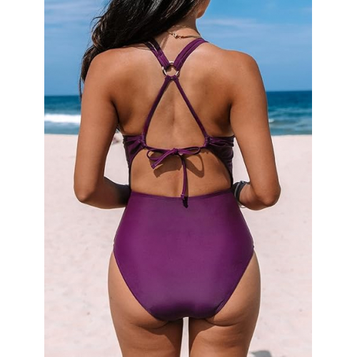 Элегантный слитный купальник CUPSHE для женщин с V-образным вырезом, моделирующий живот, регулируемым шнурком, двойными бретелями и застёжкой на спине с кольцом — стиль и комфорт для пляжного отдыха.