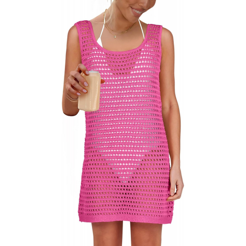 Женское пляжное платье-накидка Caracilia, вязаное крючком, без рукавов, мини, цвет розовый