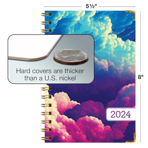 Твердый переплет планер на 2024 год (с ноября 2023 по декабрь 2024) — ежедневник, еженедельник и месячный планировщик с закладкой, карманом и набором стикеров (Радужные облака)