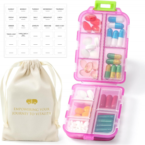 Элегантный органайзер для таблеток с сумочкой и метками — 10 ячеек, компактный и надежный