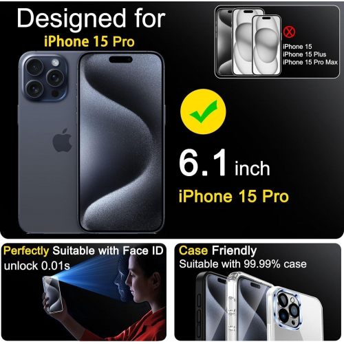 Комплект защитных стекол Ferilinso для iPhone 15 Pro, стекло на экран и на камеру, установка без пузырей