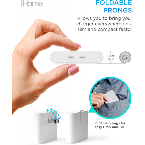 iHome Multiport 20W USB-C зарядный блок — многофункциональный зарядный адаптер с двумя портами