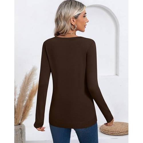 Женский легкий вязаный свитер с V-образным вырезом, длинными рукавами и однотонным дизайном