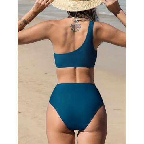 Женский двухчастный бикини с высокой талией, рюшевыми бёдрами, одним плечом и завязками спереди для стильного и комфортного отдыха.