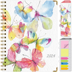 Планер 2024 в твердой обложке — ежедневник, с разделами по дням, неделям и месяцам, с закладкой, карманом и набором стикеров (акварельные бабочки). А4