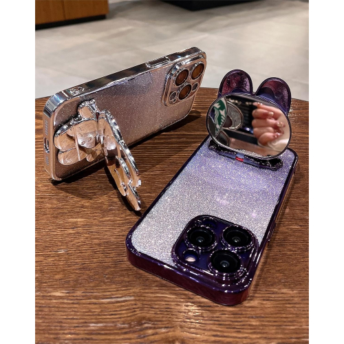Чехол с зеркалом и подставкой в стиле Kawaii для iPhone 15 Pro, с гальваническим блеском и дизайном «Зайчик» (фиолетовый)