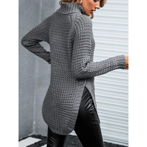 Женский тёплый вязаный свитер с высоким воротом из акрила с текстурной вязкой и длинными рукавами