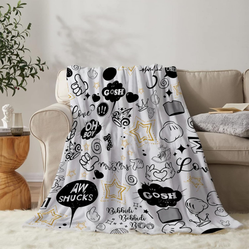 Декоративный плед 130 × 160 см — чёрно-белый плед с мультяшным принтом для дивана, кровати и домашнего интерьера