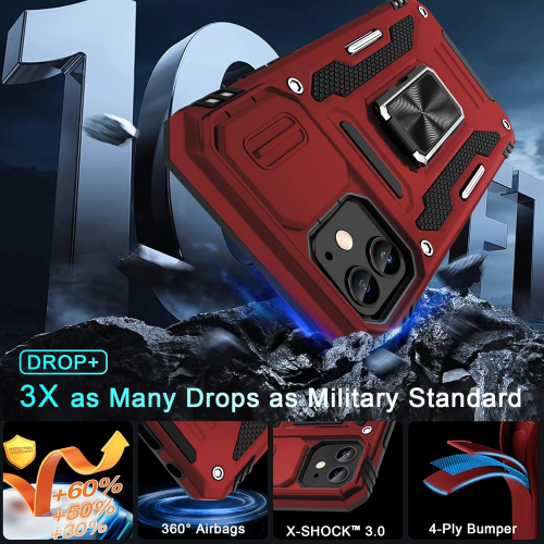 Противоударный чехол для iPhone 12 с выдвижной защитой камеры, кольцом-подставкой и стеклом 