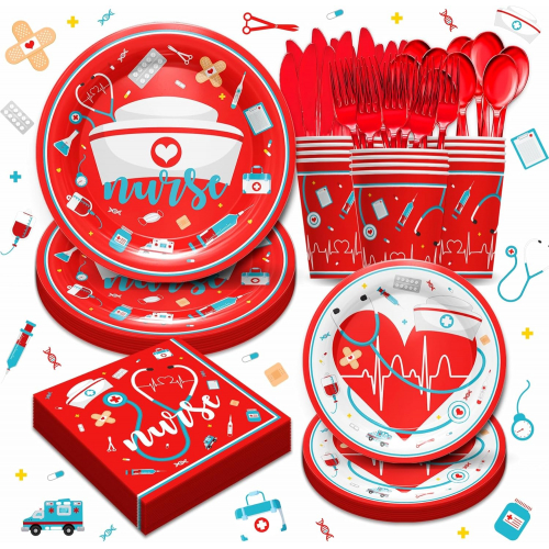 Набор праздничной посуды для медсестёр — красно-белая сервировка на 25 персон