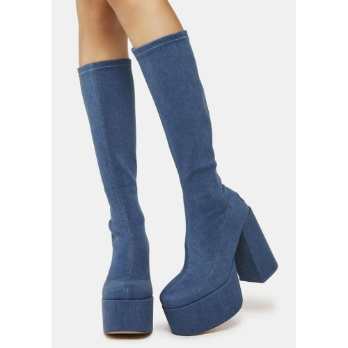 Джинсовые сапоги до колена с круглым носком и геометрическим каблуком на платформе