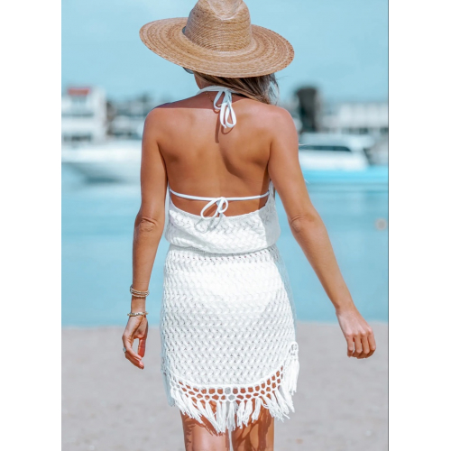 Мини-платье с кисточками, связанное крючком