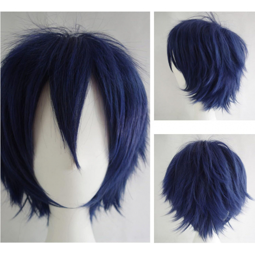 Синтетический короткий прямой синий пушистый парик с полной головой