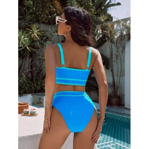  Женский синий купальный костюм с высокой талией