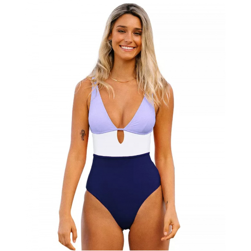 Женский цельный купальник с V-образным вырезом и колорблоком