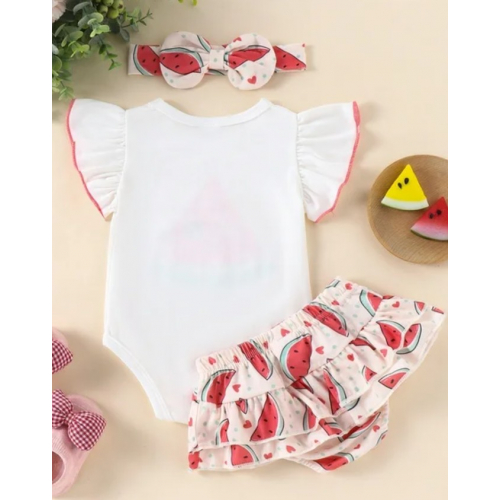 Летний комплект для малышей с фруктовым принтом — боди, шорты и повязка