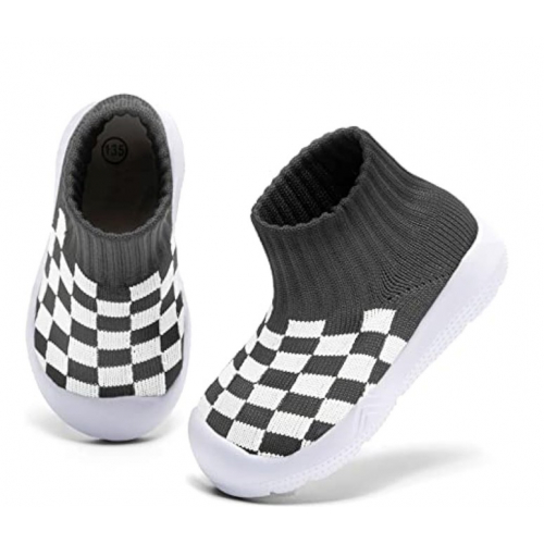 Детские носки-кеды с противоскользящей подошвой, серый клетчатый принт