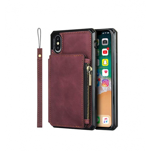 Универсальный чехол-кошелёк NUOUN с защитой RFID и ремешком для iPhone Xr, бордовый