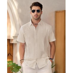 Мужская льняная рубашка с коротким рукавом, casual, на пуговицах, легкая летняя пляжная однотонная рубашка