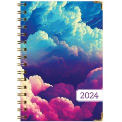 Твердый переплет планер на 2024 год (с ноября 2023 по декабрь 2024) — ежедневник, еженедельник и месячный планировщик с закладкой, карманом и набором стикеров (Радужные облака)