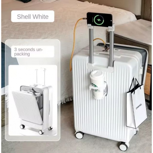 Стильный белый чемодан для ручной клади с USB-зарядкой и подстаканником