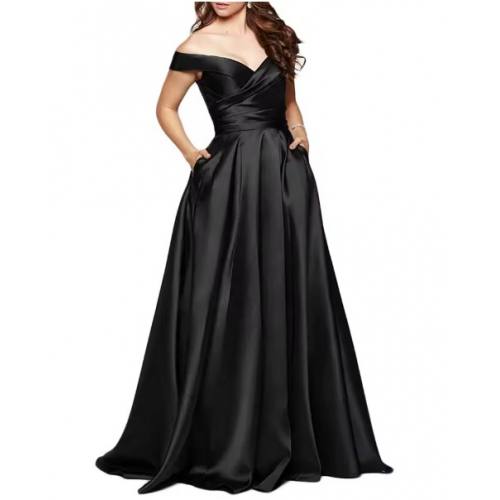 Черное атласное платье с открытыми плечами и карманами