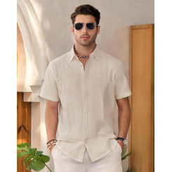 Мужская льняная рубашка с коротким рукавом, casual, на пуговицах, легкая летняя пляжная однотонная рубашка