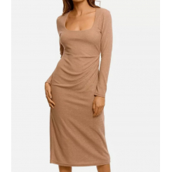 Платье с квадратным вырезом и отделкой в ​​рубчик шоколадного цвета