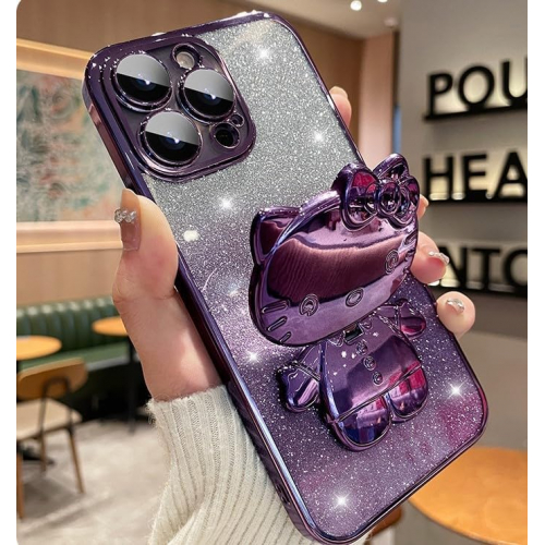 Чехол с зеркалом и подставкой в стиле Kawaii для iPhone 15 Pro, с гальваническим блеском и дизайном «Зайчик» (фиолетовый)