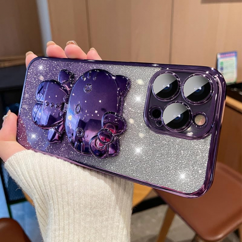 Чехол с зеркалом и подставкой в стиле Kawaii для iPhone 15 Pro, с гальваническим блеском и дизайном «Зайчик» (фиолетовый)