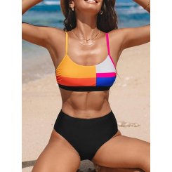 Стильный двухчастный купальник CUPSHE для женщин с цветными блоками, глубоким вырезом, тонкими бретелями и высокой талией — удобство и яркий образ для пляжа.