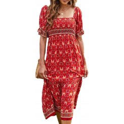 Летнее бохо-миди платье с рюшами и цветочным принтом — легкое и элегантное для пляжа и прогулок