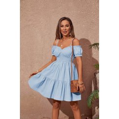 Летнее платье с открытыми плечами из хлопка и льна с воланами и съемными бретелями