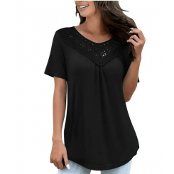 Женские летние блузки больших размеров с коротким рукавом, кружевом и плиссировкой
