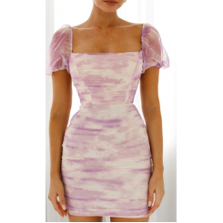 Облегающее платье с драпировкой и пышными рукавами с мраморным принтом